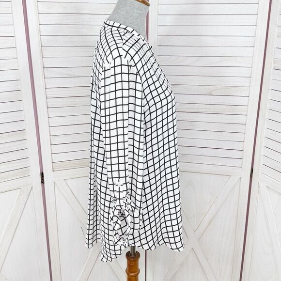 Worthington Windowpane Check Chiffon V Neck Blouse White Black Medium - Picture 3 of 11